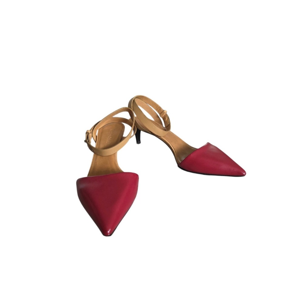 See by Chloé Red Tan Leather Pointed Toe Kitten Heel Ankle Strap Pumps Sz 40 EU